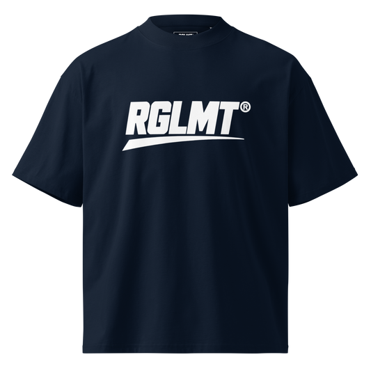 T-shirt oversize col montant bleu marine RGLMT, design Blanc – vue avant
