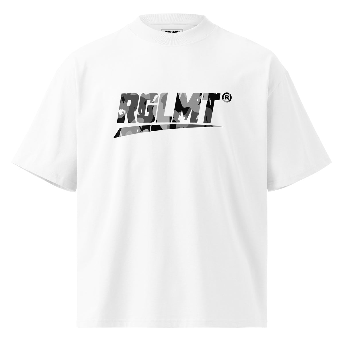 T-shirt oversize col montant blanc RGLMT, design Cendre – vue avant