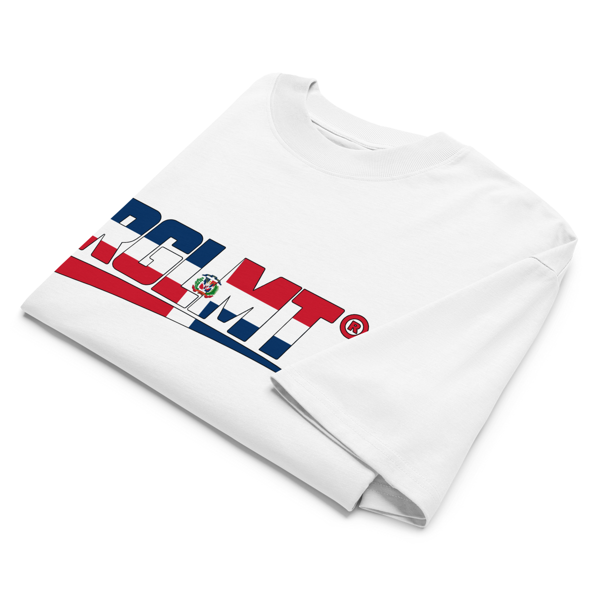 T-shirt oversize col montant blanc RGLMT, design République dominicaine – vue avant