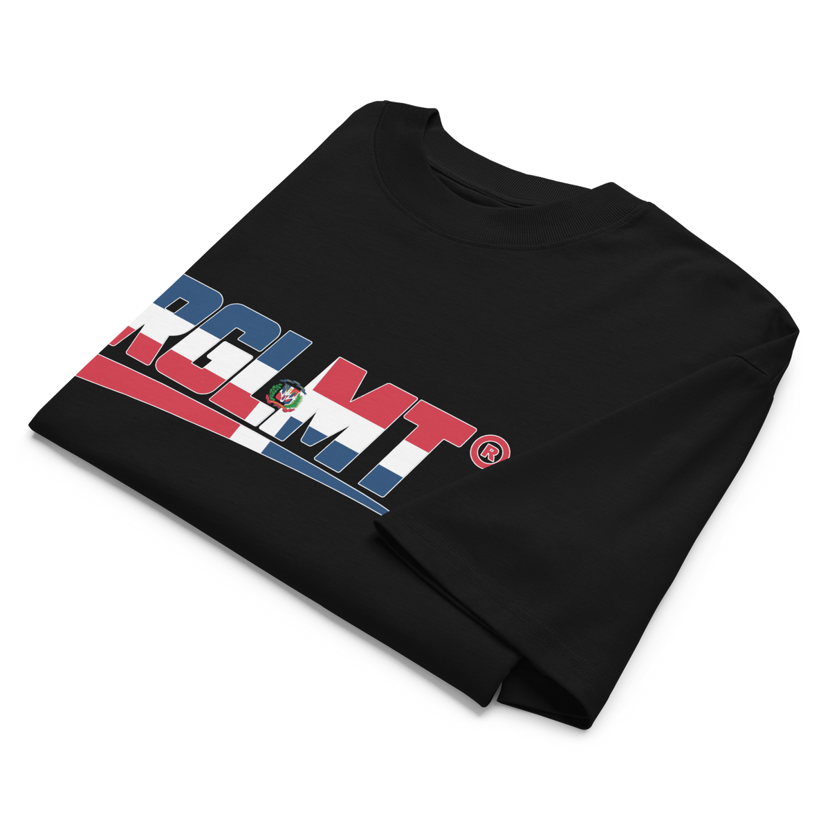 T-shirt oversize col montant RGLMT, design République dominicaine – détail du design