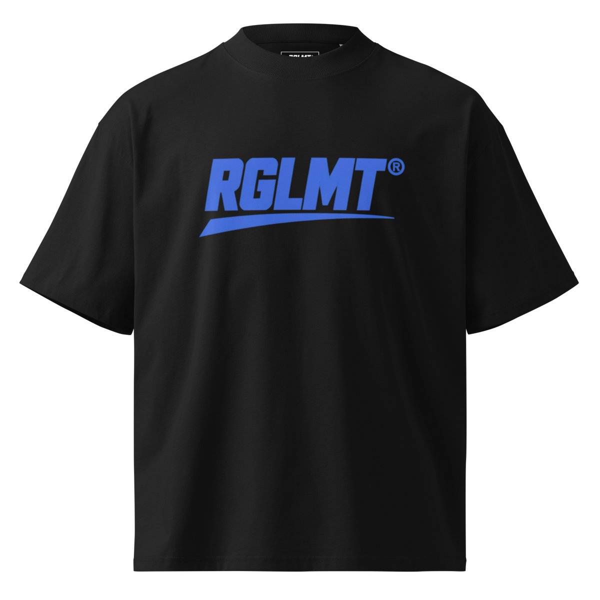 T-shirt oversize col montant noir RGLMT, design Bleu – vue avant