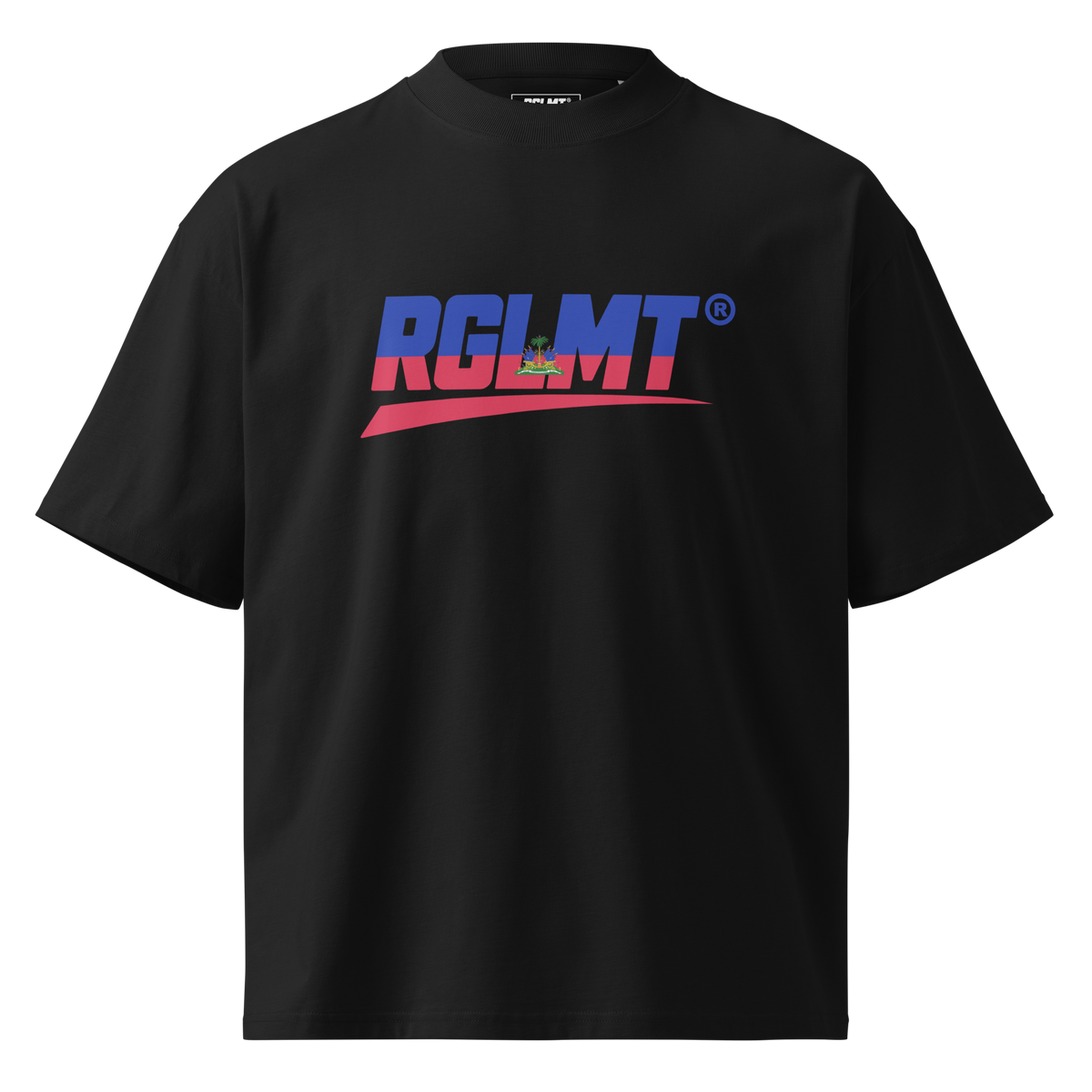 Black RGLMT high-neck oversized T-shirt with Haiti design, front view