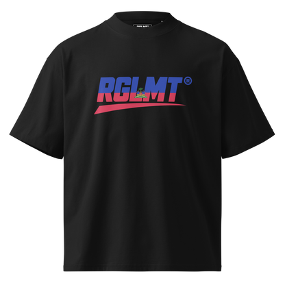 Black RGLMT high-neck oversized T-shirt with Haiti design, front view