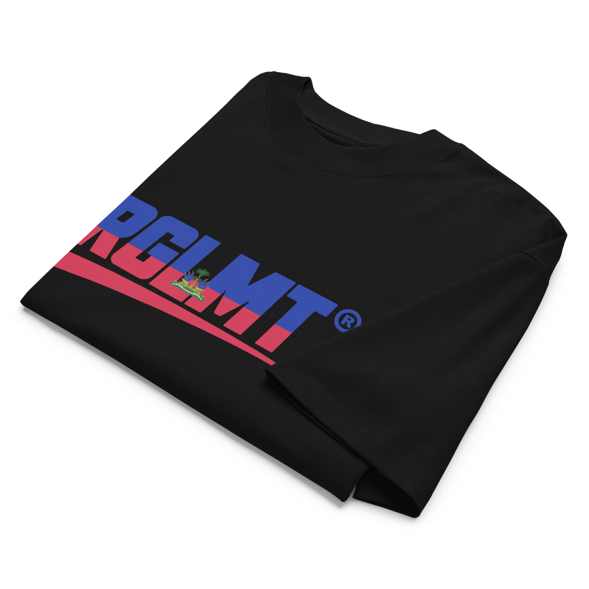 Black RGLMT high-neck oversized T-shirt with Haiti design, front view
