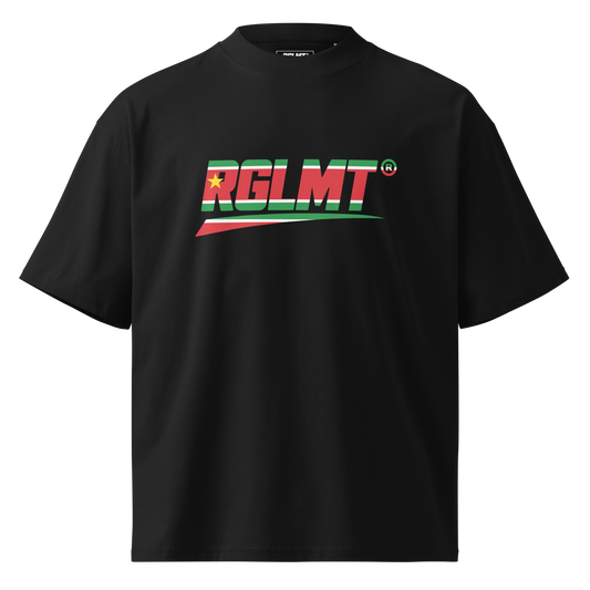 T-shirt oversize col montant noir RGLMT, design Guadeloupe – vue avant