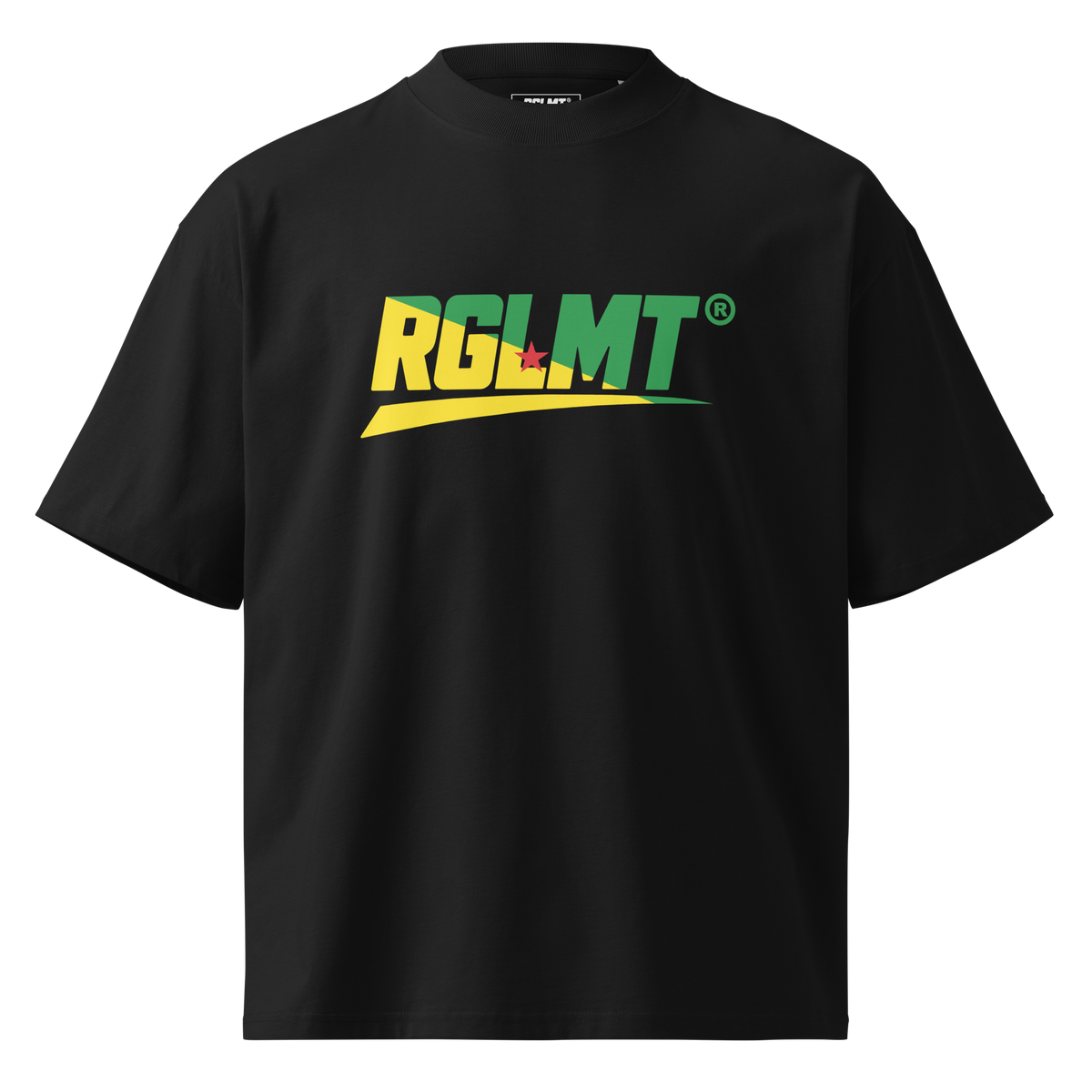 T-shirt oversize col montant noir RGLMT, design Guyane – vue avant