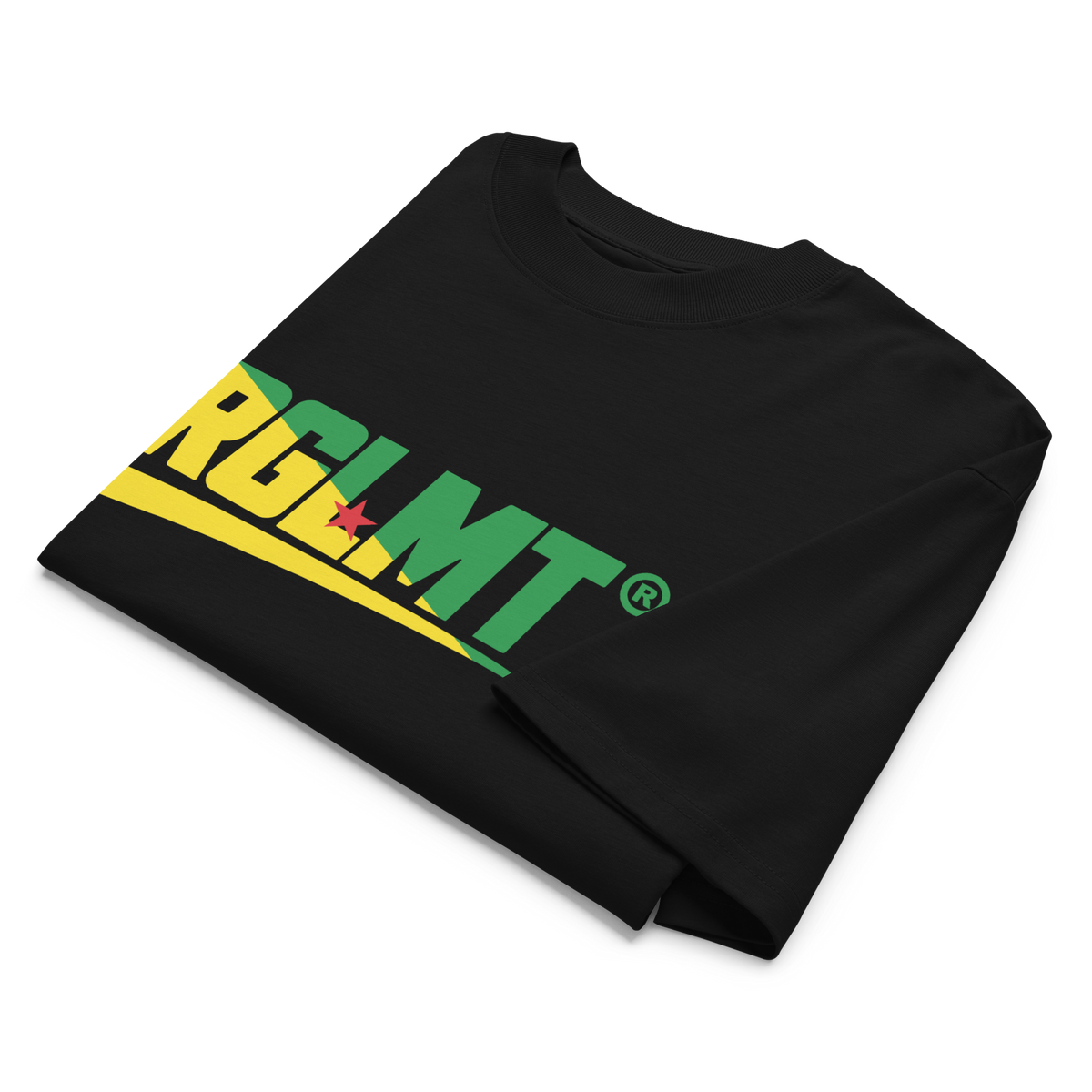 T-shirt oversize col montant noir RGLMT, design Guyane – vue avant