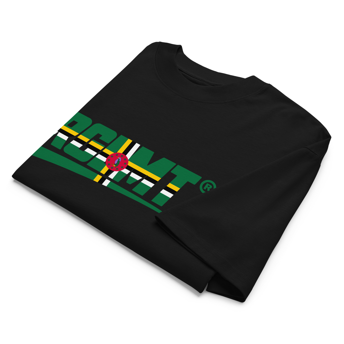 T-shirt oversize col montant noir RGLMT, design Dominique – vue avant
