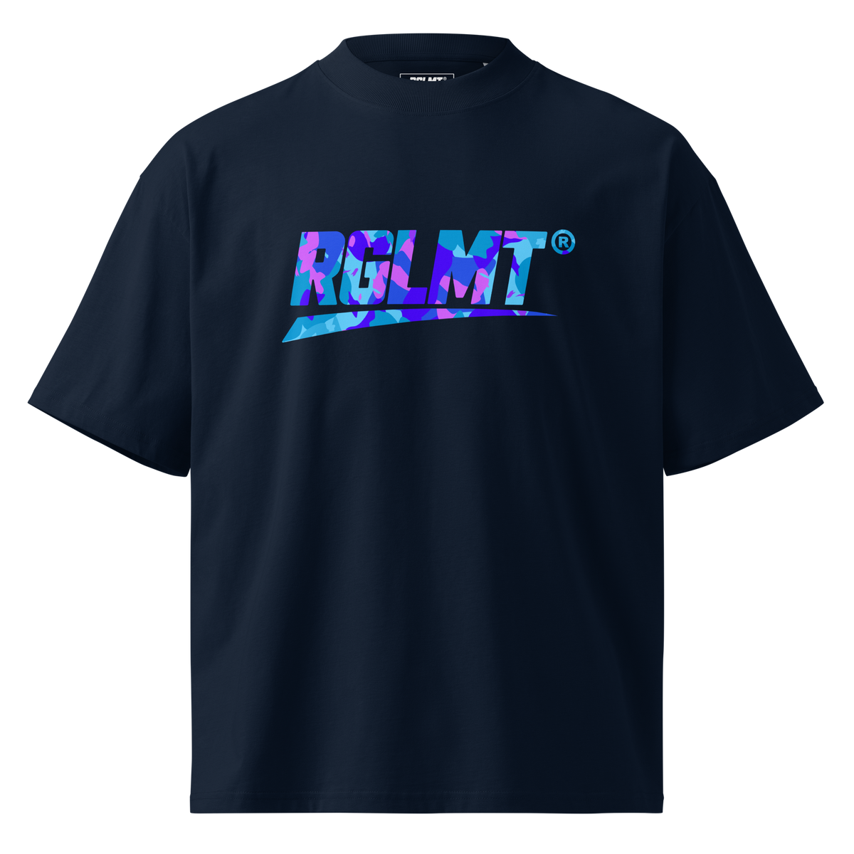 T-shirt oversize col montant bleu marine RGLMT, design Tokyo – vue avant