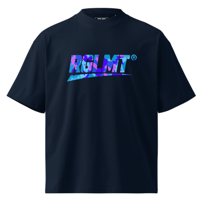 T-shirt oversize col montant bleu marine RGLMT, design Tokyo – vue avant