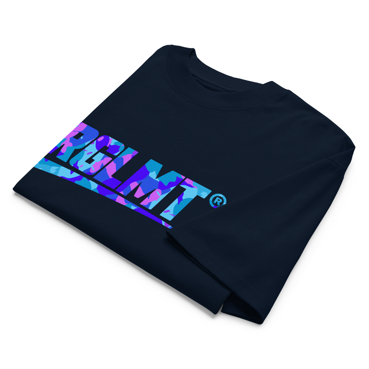 T-shirt oversize col montant bleu marine RGLMT, design Tokyo – vue avant