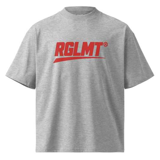 T-shirt oversize col montant gris chiné RGLMT, design Rouge – vue avant
