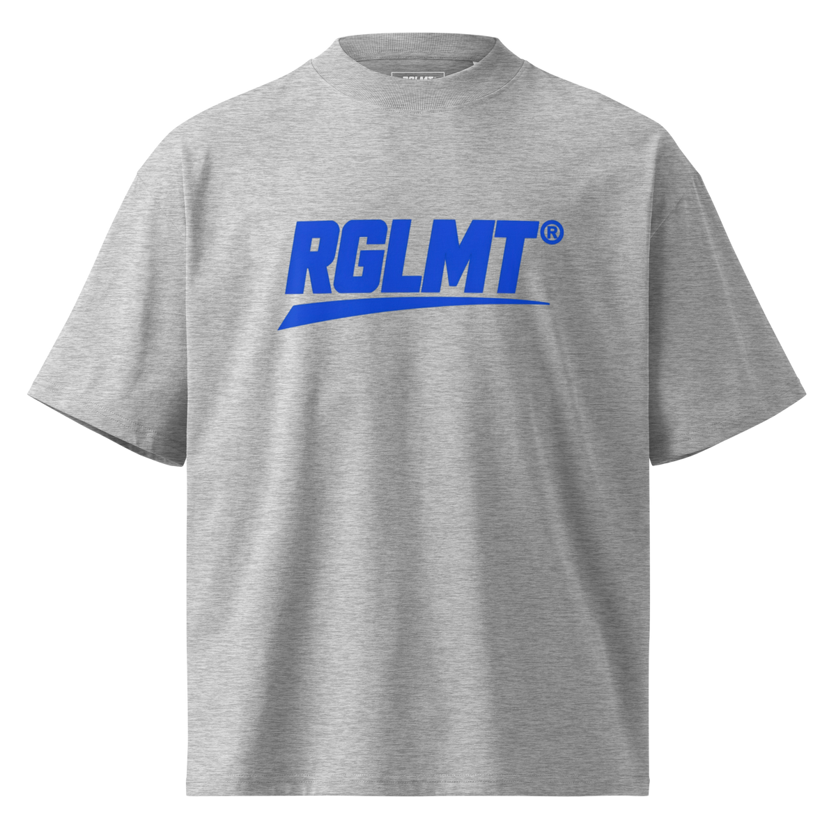 T-shirt oversize col montant gris chiné RGLMT, design Bleu – vue avant