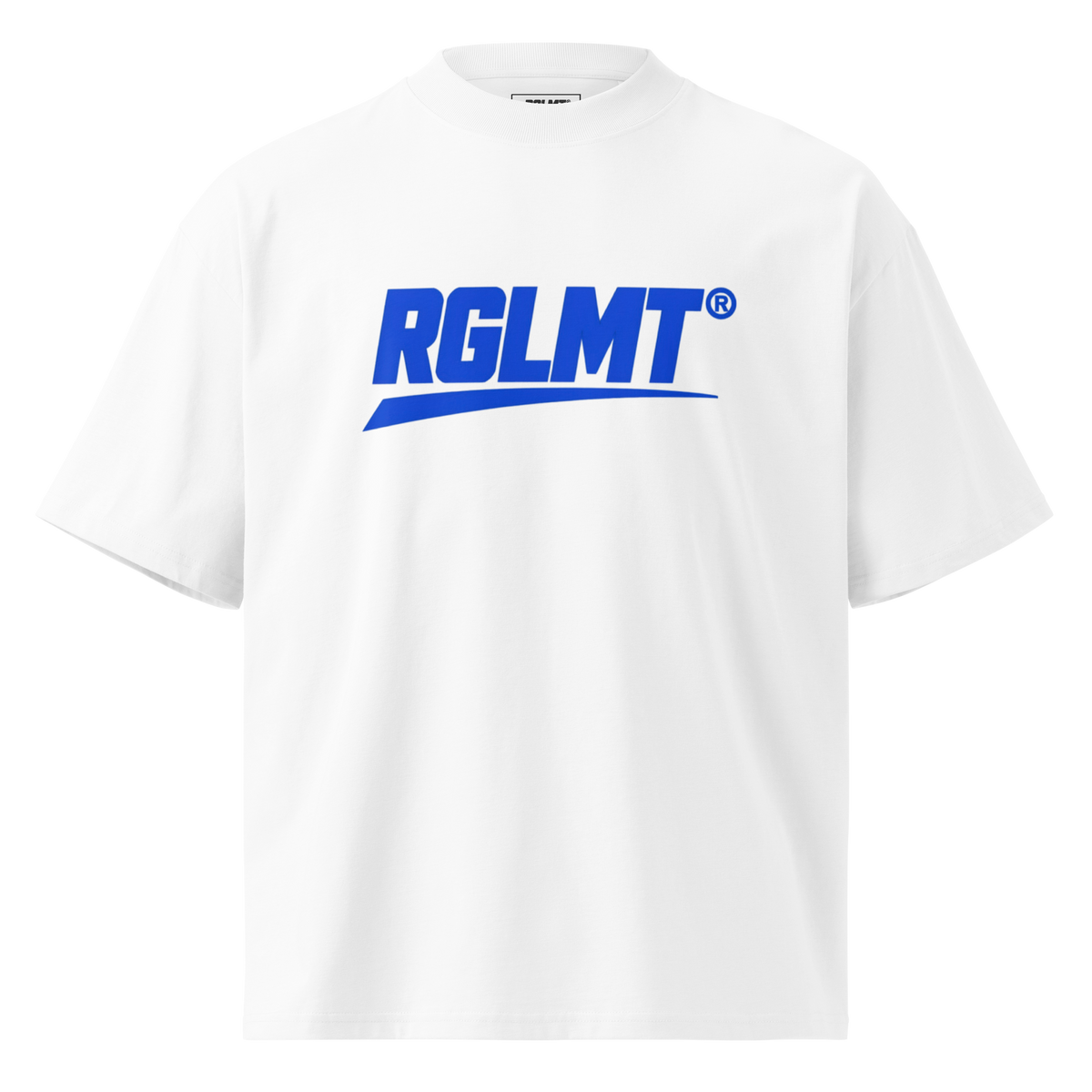 T-shirt oversize col montant blanc RGLMT, design Bleu – vue avant