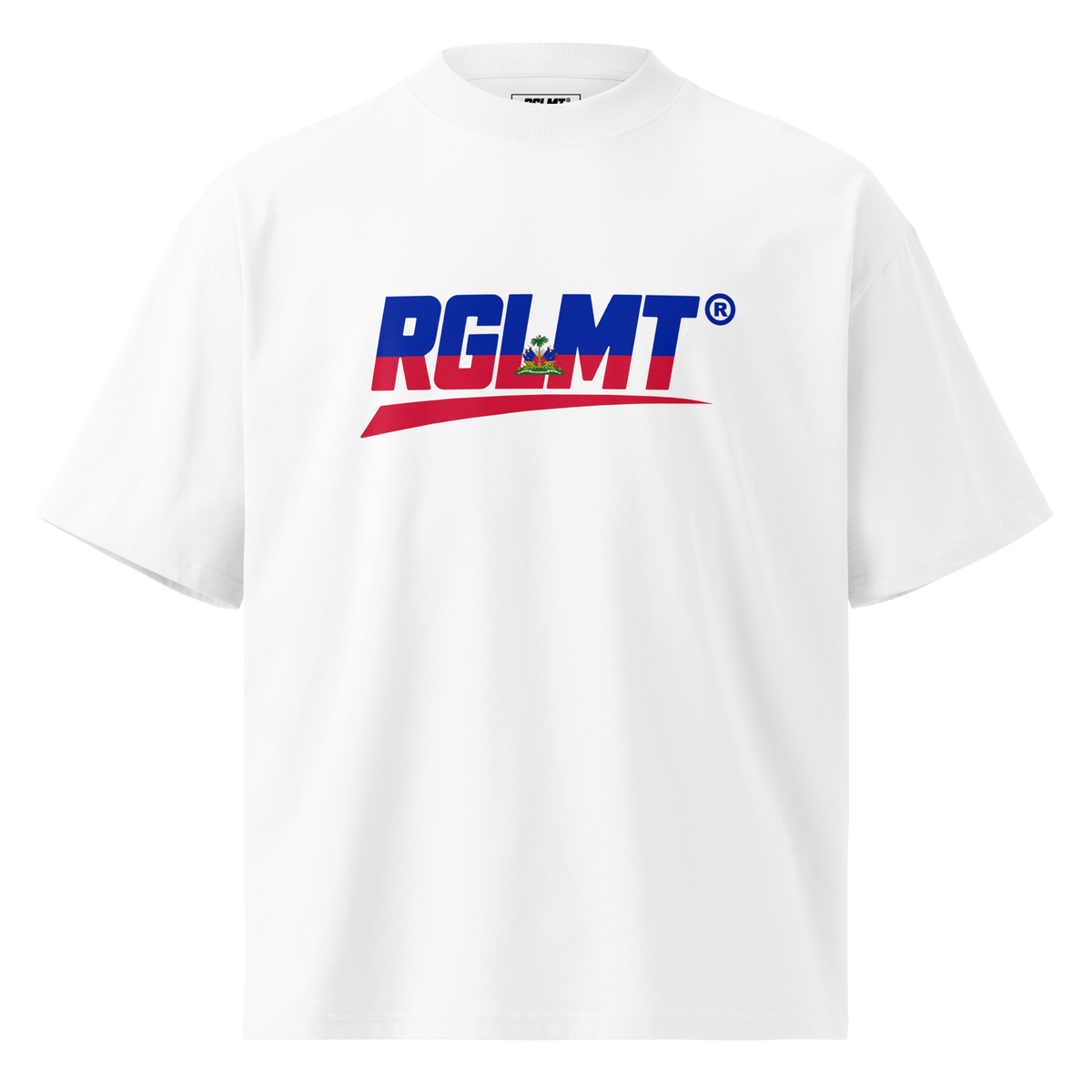 White RGLMT high-neck oversized T-shirt with Haiti design, front view