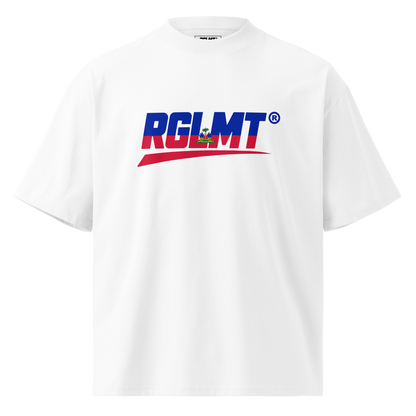 White RGLMT high-neck oversized T-shirt with Haiti design, front view