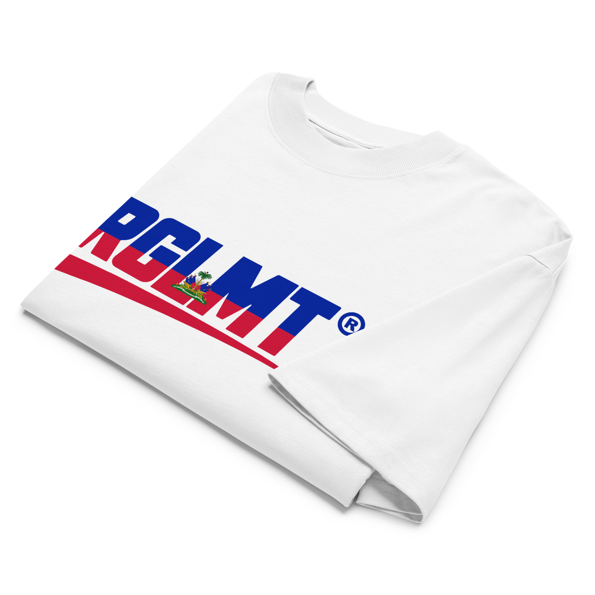 White RGLMT high-neck oversized T-shirt with Haiti design, front view