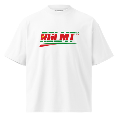 T-shirt oversize col montant blanc RGLMT, design Guadeloupe – vue avant
