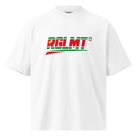 T-shirt oversize col montant blanc RGLMT, design Guadeloupe – vue avant