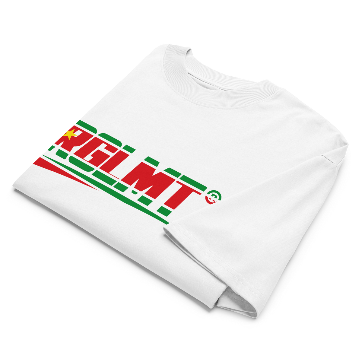 T-shirt oversize col montant blanc RGLMT, design Guadeloupe – vue avant