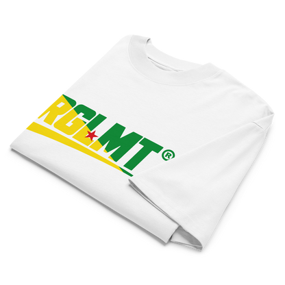 T-shirt oversize col montant blanc RGLMT, design Guyane – vue avant
