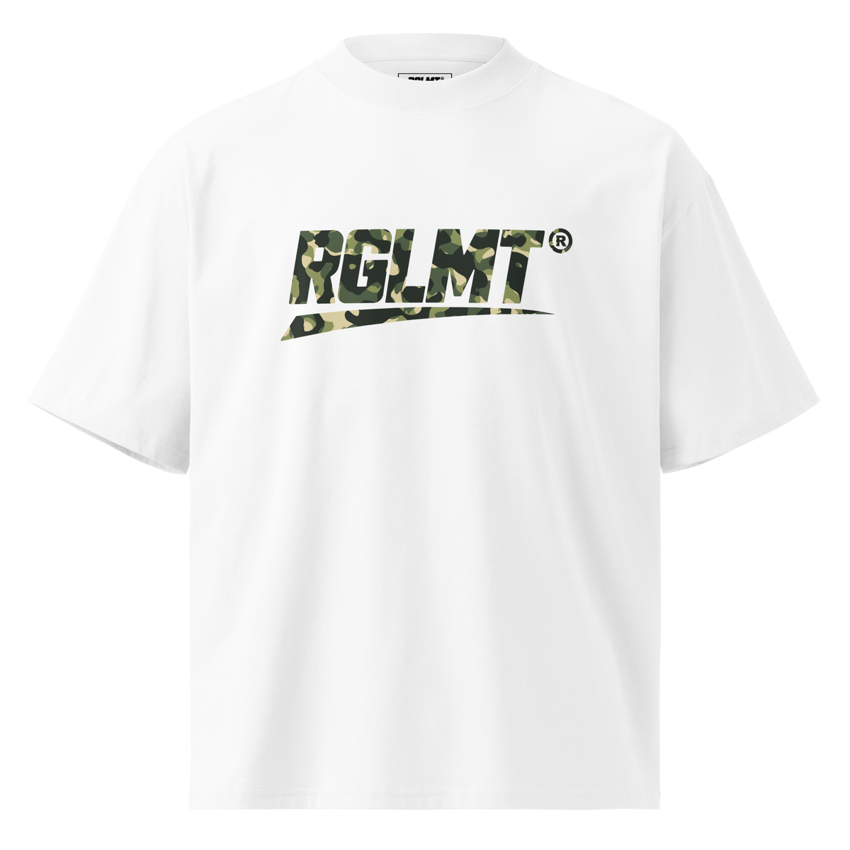 T-shirt oversize col montant blanc RGLMT, design Jungle – vue avant