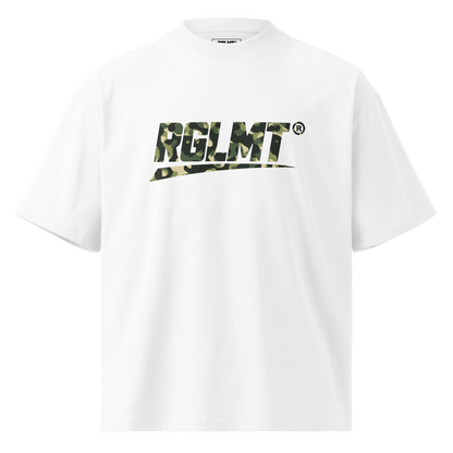 T-shirt oversize col montant blanc RGLMT, design Jungle – vue avant
