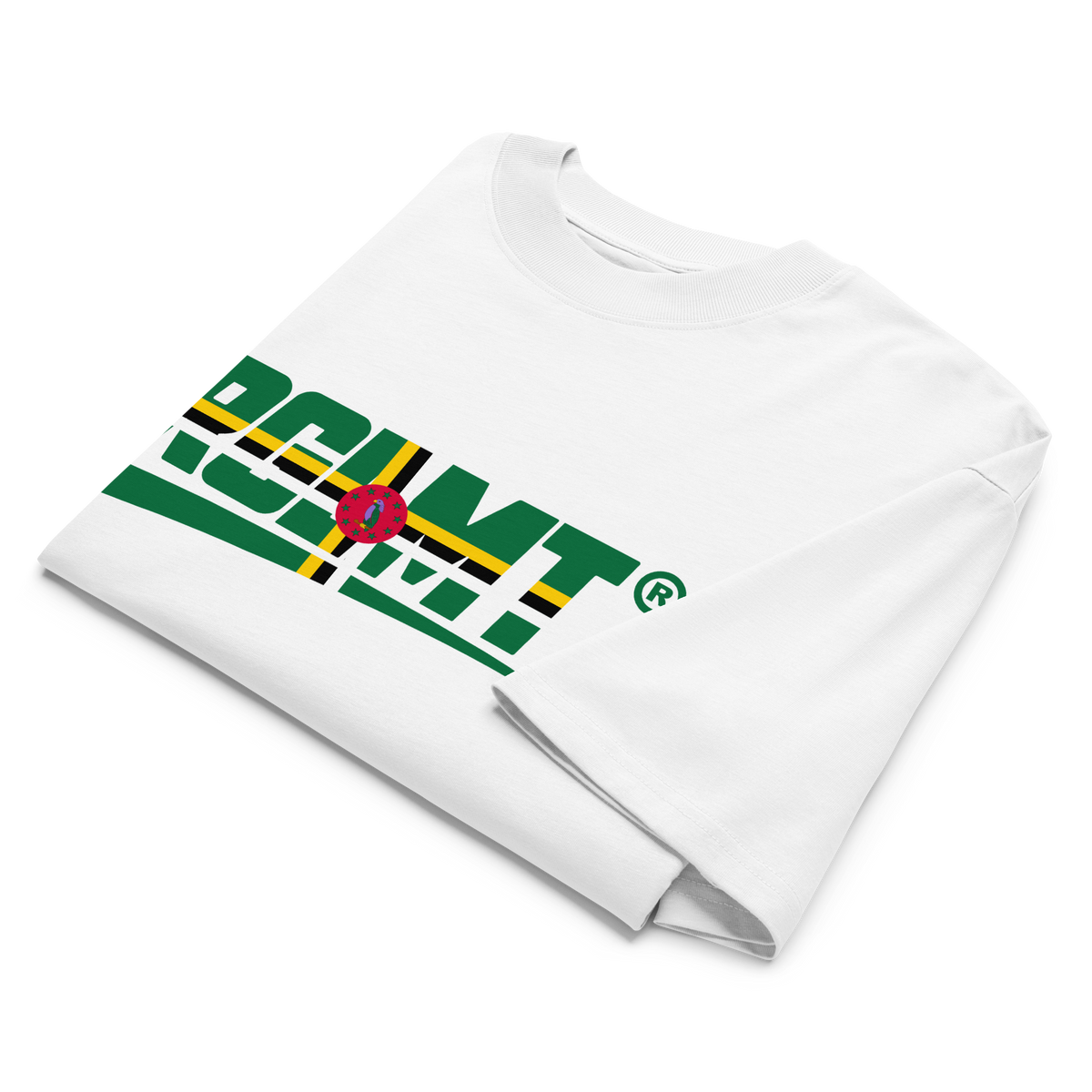 T-shirt oversize col montant blanc RGLMT, design Dominique – vue avant