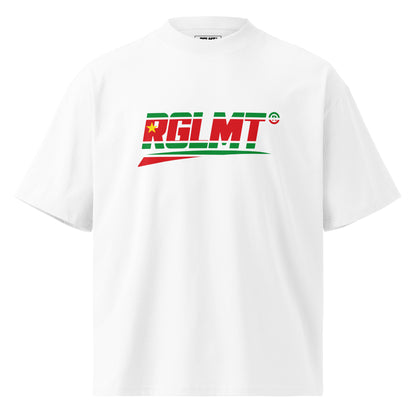 T-shirt oversize col montant blanc RGLMT, design Guadeloupe – vue avant