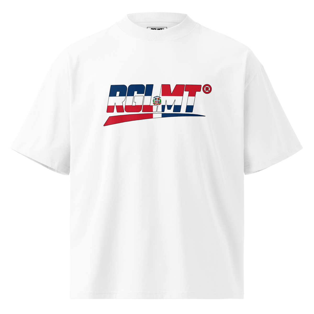 T-shirt oversize col montant blanc RGLMT, design République dominicaine – vue avant
