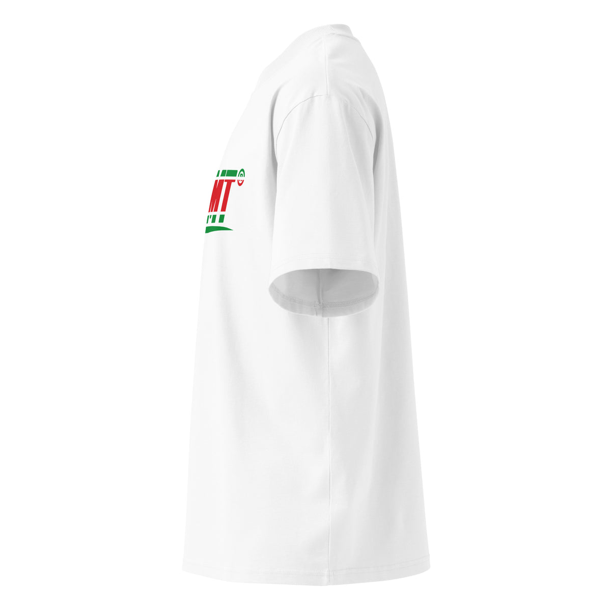 T-shirt oversize col montant blanc RGLMT, design Guadeloupe – vue côté gauche